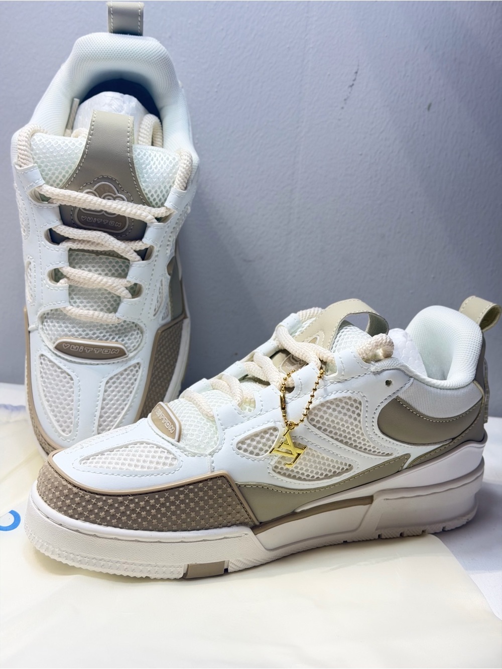 Louis Vuitton White & Taupe Chunky Low-Top Sneakers - Picture 6 of 8
